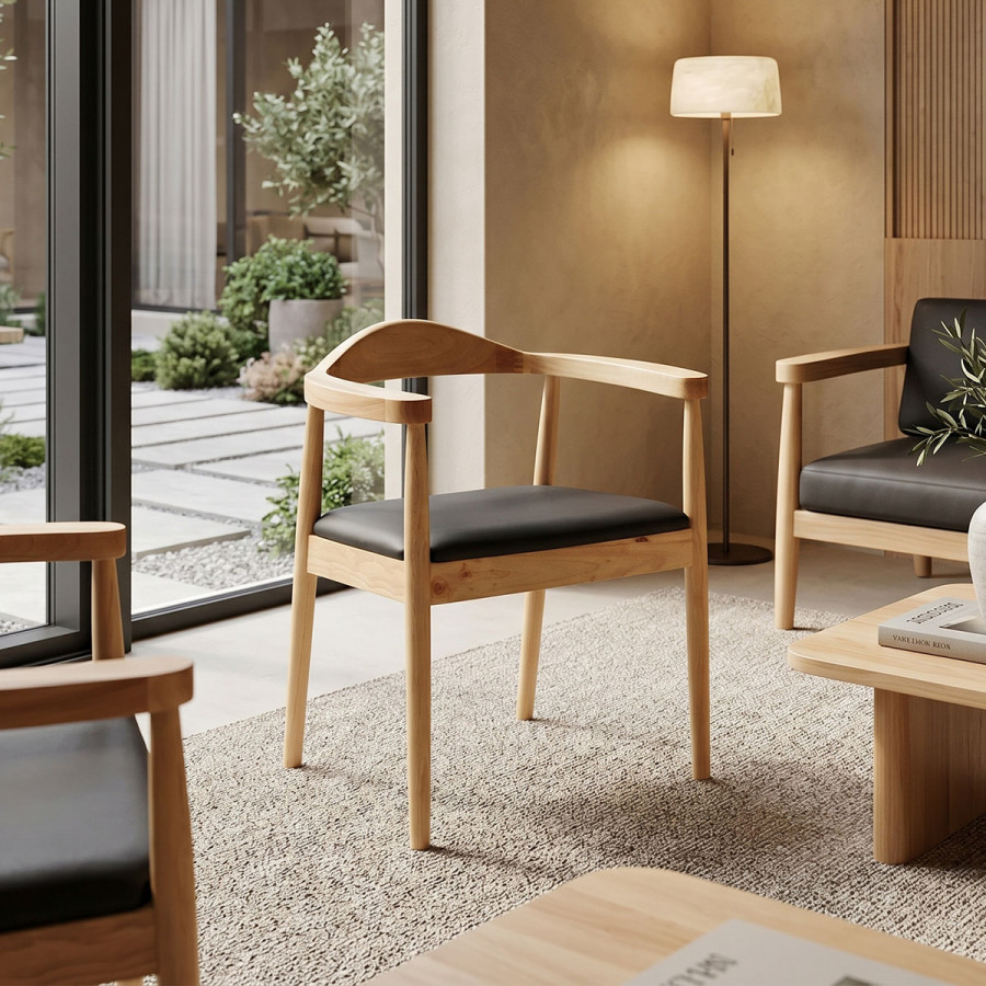 Armchair Joube pakoworld natural color rubberwood and black pu cushion 59x48x73cm