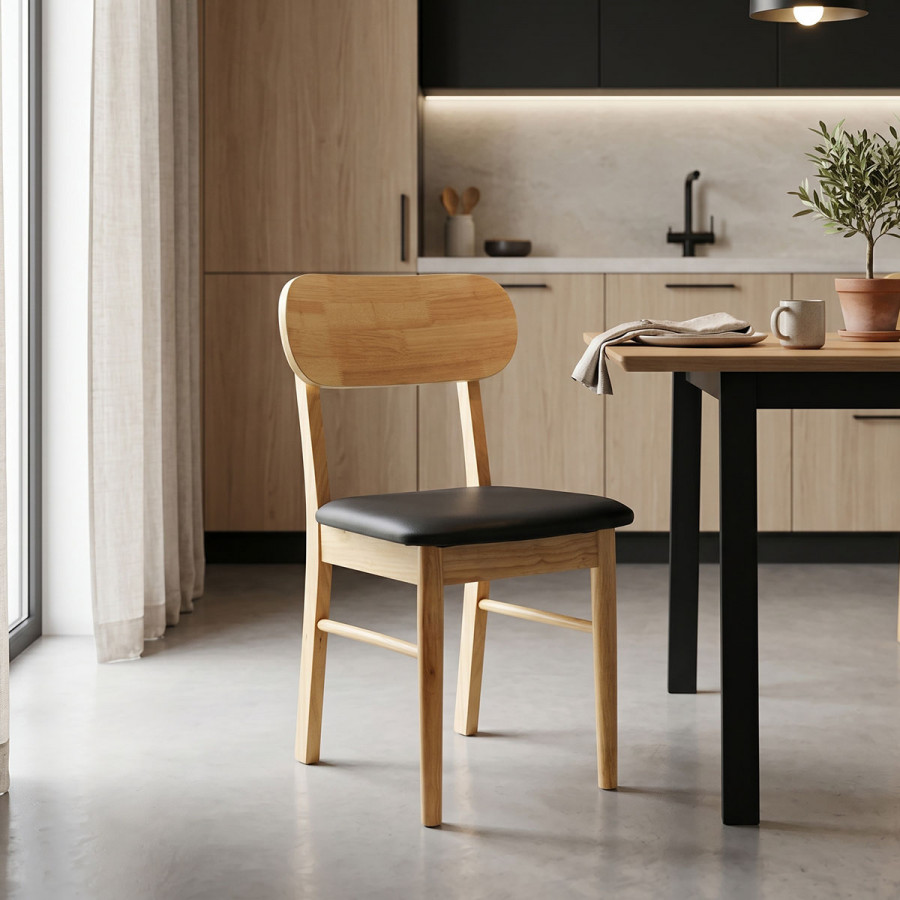 Chair Bedona pakoworld natural color rubberwood and black pu cushion 47x46x80cm