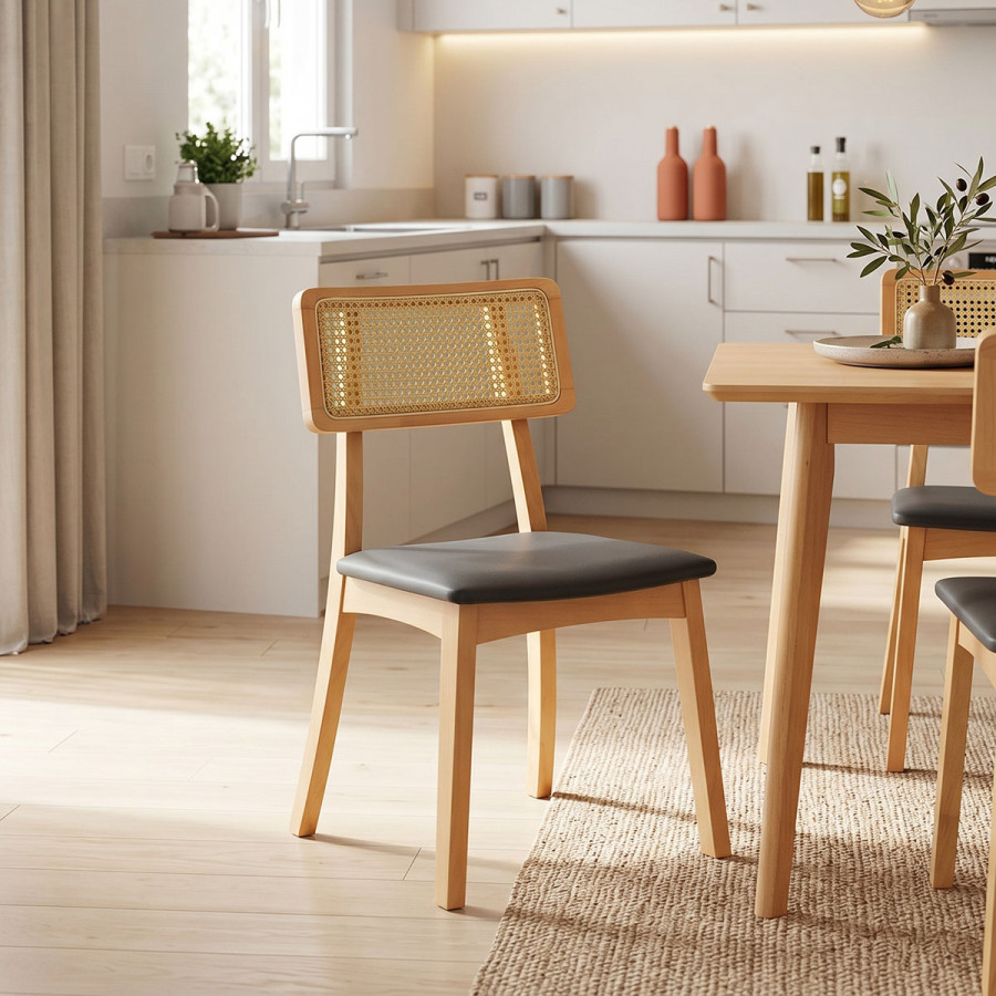 Chair Renna pakoworld natural color beech wood and black pu cushion 48x52x79cm
