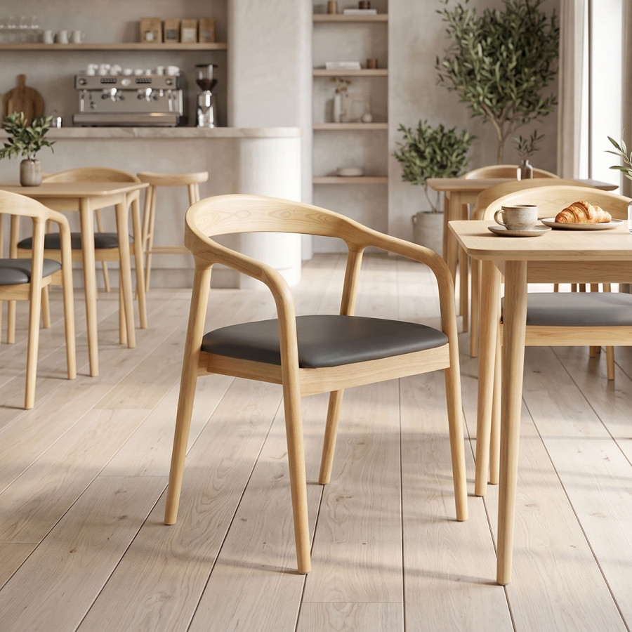 Hogie pakoworld rubberwood armchair in natural shade with black pu cushion 61x60x76cm