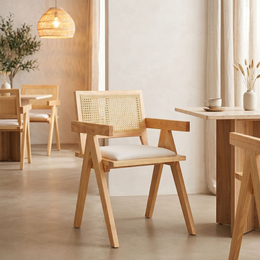 Winslow armchair pakoworld rubberwood in natural shade-whtie fabric 51x54x80cm