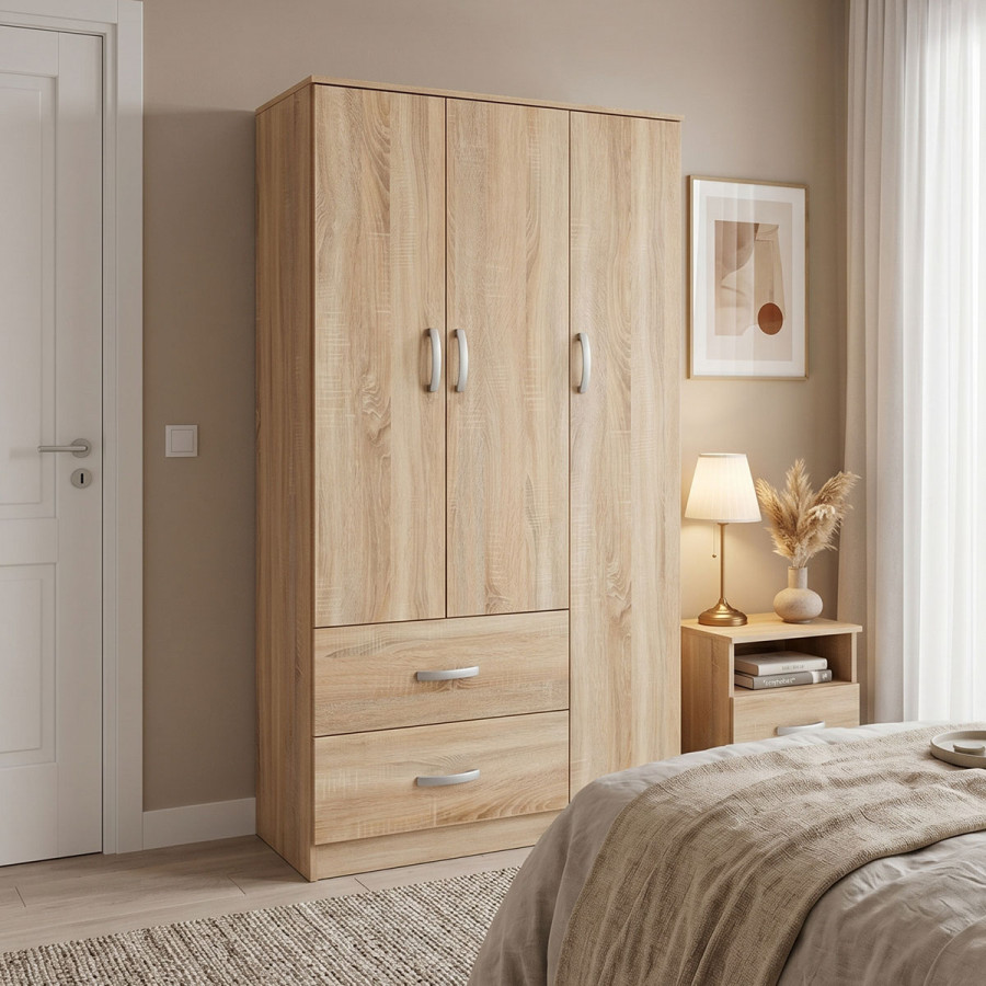 Three-door wardrobe with 2 drawers Athos pakoworld in sonoma color 90x42x180cm