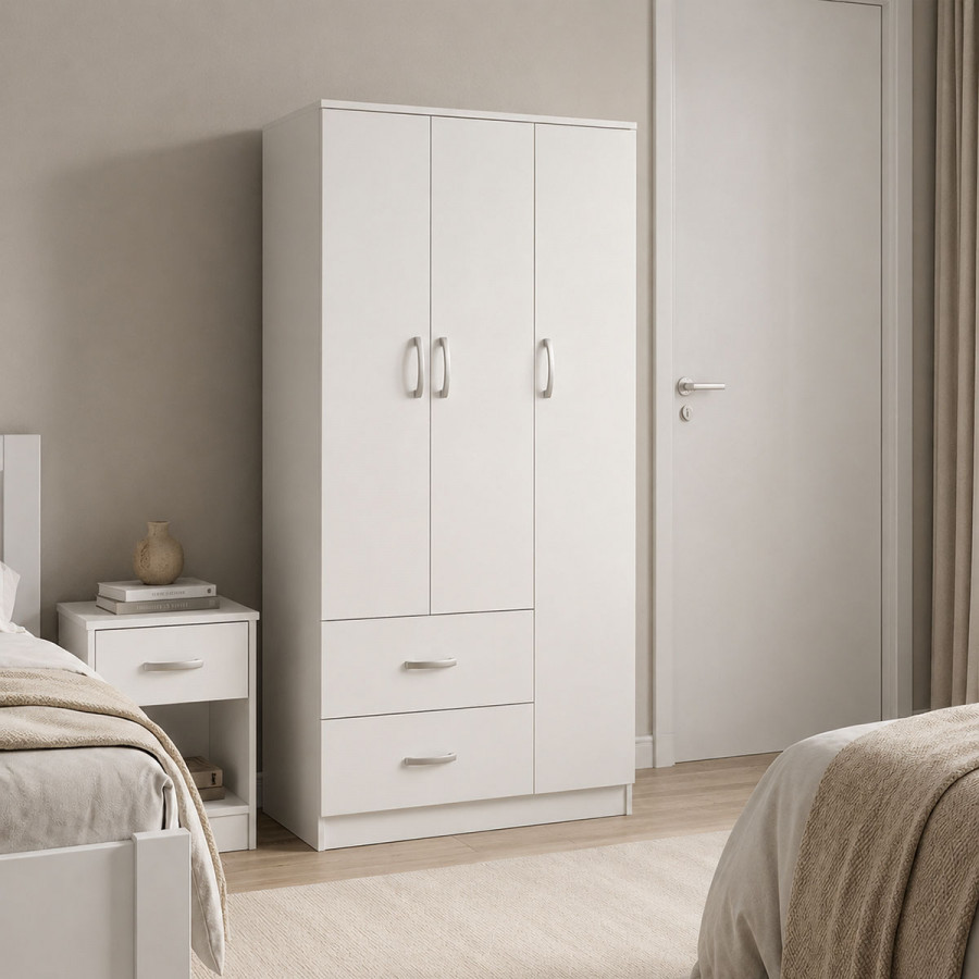 Three-door wardrobe with 2 drawers Athos pakoworld in white color 90x42x180cm