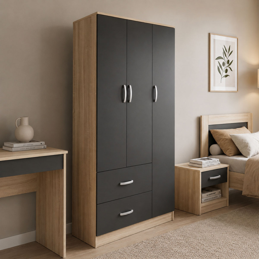 Three-door wardrobe with 2 drawers Athos pakoworld in sonoma-dark grey color 90x42x180cm