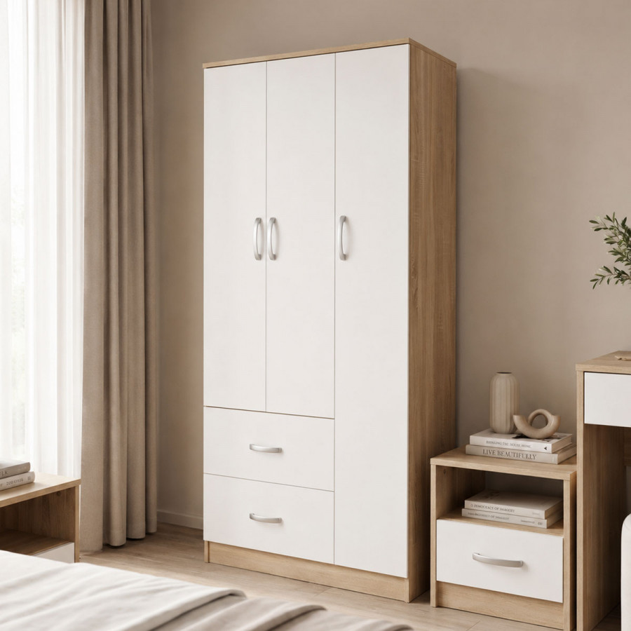 Three-door wardrobe with 2 drawers Athos pakoworld in sonoma-white color 90x42x180cm