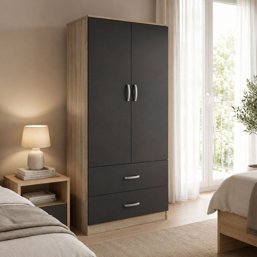 Two-door wardrobe with 2 drawers Athos pakoworld in sonoma-dark grey color 80x42x180cm