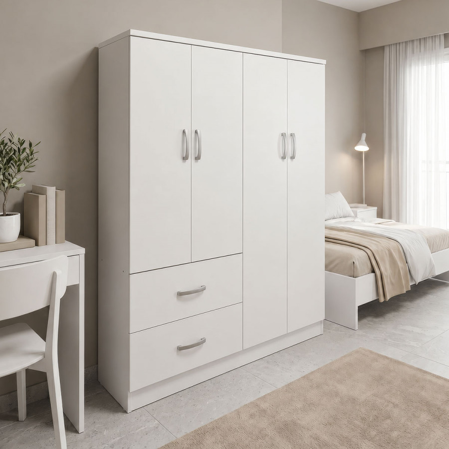Four-door wardrobe with 2 drawers Athos pakoworld in white color 120.5x42x181cm