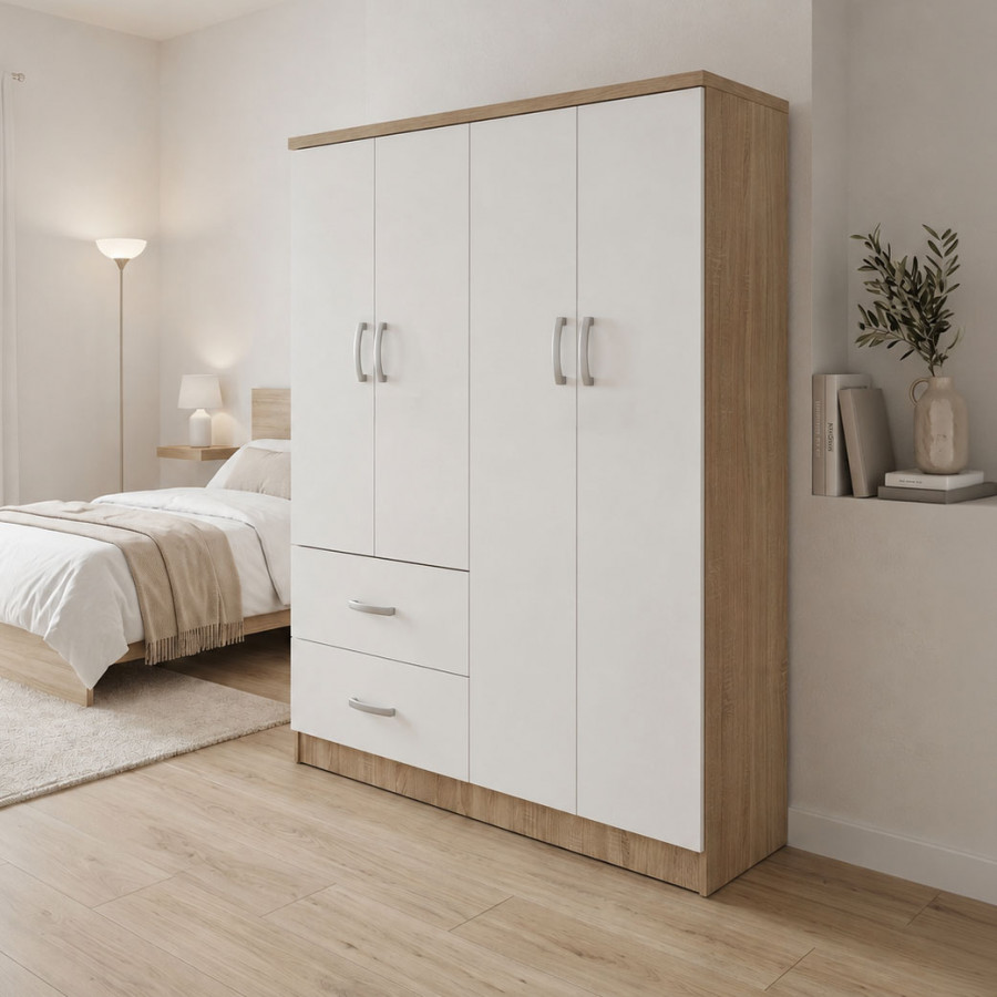 Four-door wardrobe with 2 drawers Athos pakoworld in sonoma-white color 120.5x42x181cm