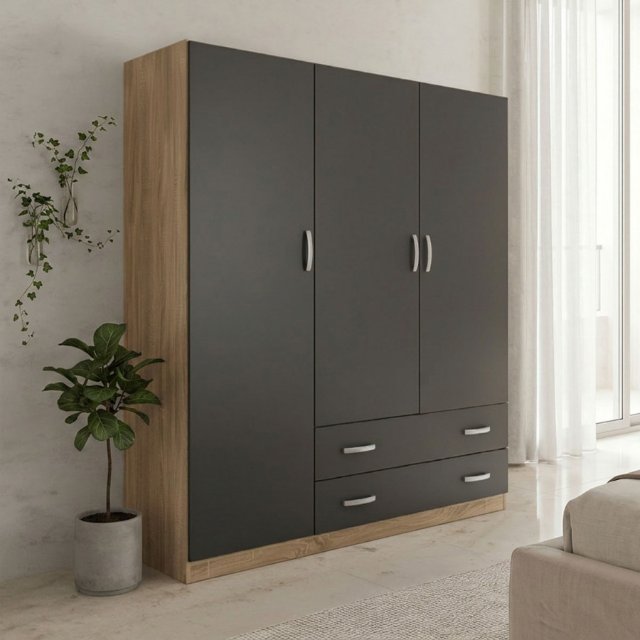Three-leaf wardrobe with 2 drawers Alvia pakoworld sonoma-anthracite 150x51x180cm