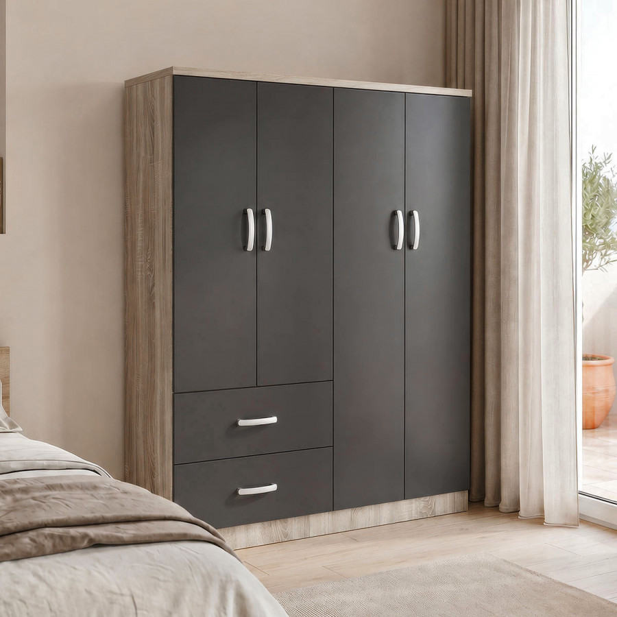Four-door wardrobe with 2 drawers Athos pakoworld anthracite-sonoma 120.5x42x181cm
