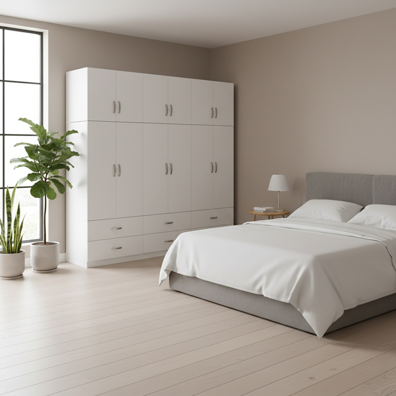 Six-door wardrobe with drawers and loft Lego pakoworld white 240x42x240cm