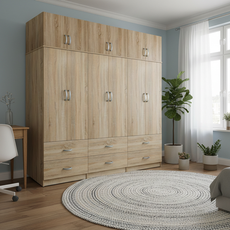 Six-door wardrobe with drawers and loft Lego pakoworld sonoma 240x42x240cm