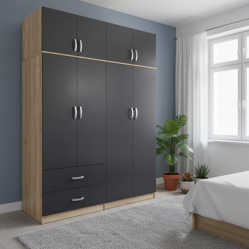 Ντουλάπα τετράφυλλη με πατάρι Lego pakoworld sonoma-ανθρακί 160x42x240εκ