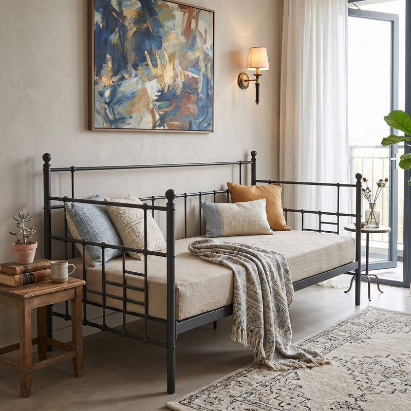 Κρεβάτι-Καναπές Routha pakoworld μεταλλικός μαύρο 90x190εκ