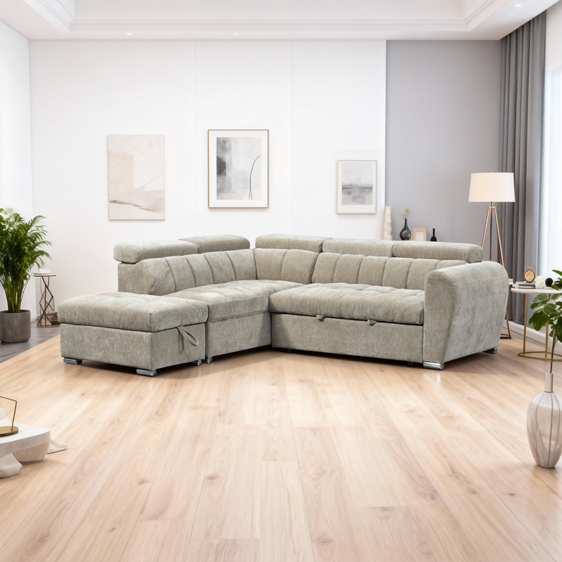 Corner sofa bed right corner Nuvora pakoworld with storage space beige fabric 244x225x79cm