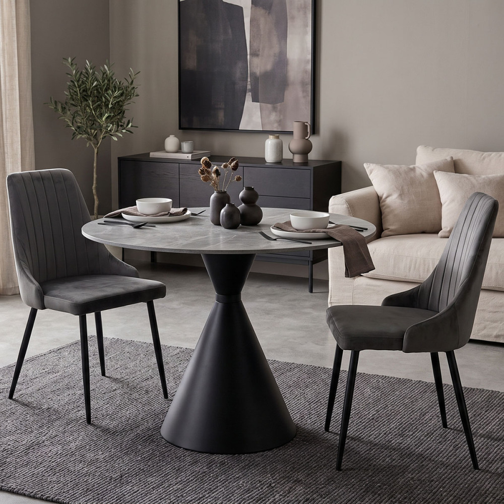 Τραπέζι Flenada pakoworld sintered stone σε γκρι όψη μαρμάρου με μαύρη μεταλλική βάση Φ80x76εκ