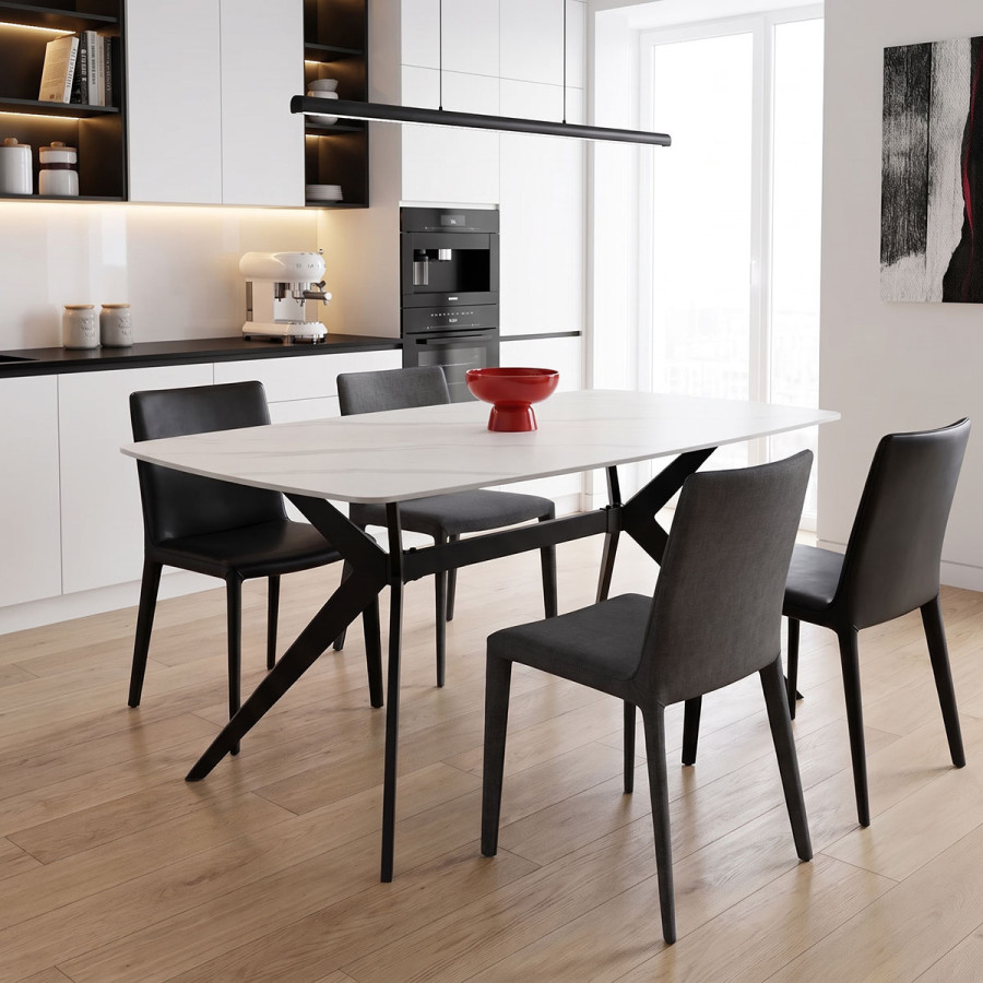 Τραπέζι Ezali pakoworld sintered stone λευκή ματ όψη μαρμάρου με μαύρο μεταλλικό πόδι 140x80x75εκ
