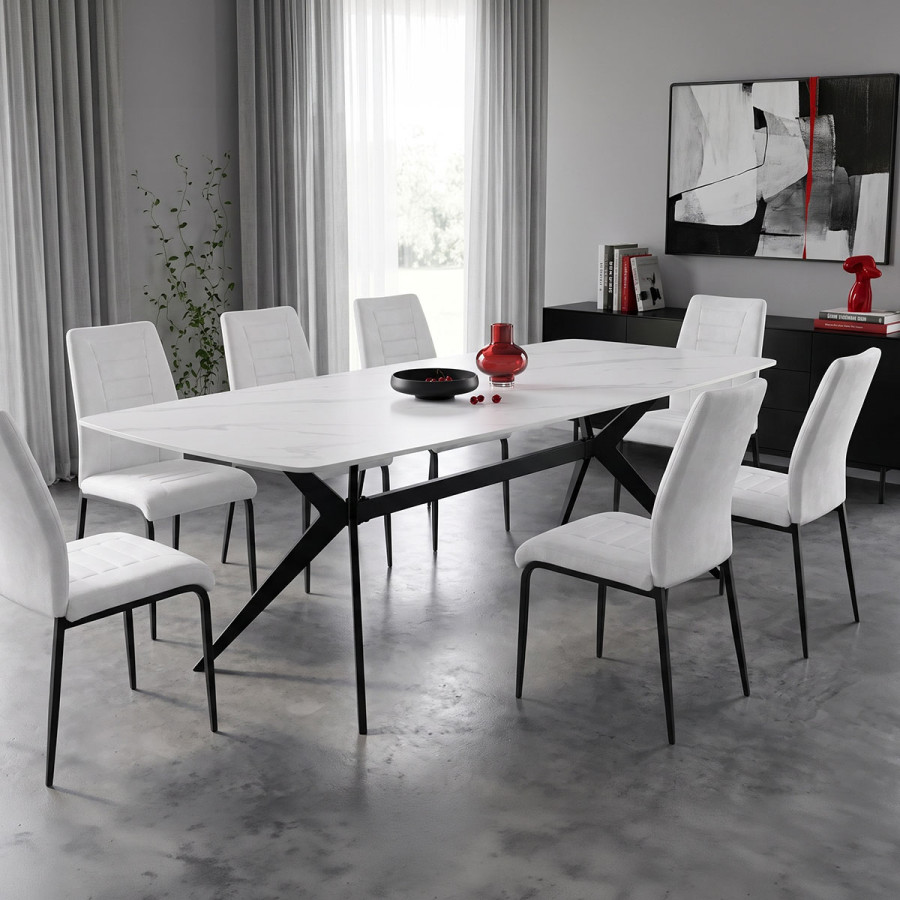 Τραπέζι Ezali pakoworld sintered stone λευκή ματ όψη μαρμάρου με μαύρο μεταλλικό πόδι 180x90x75εκ