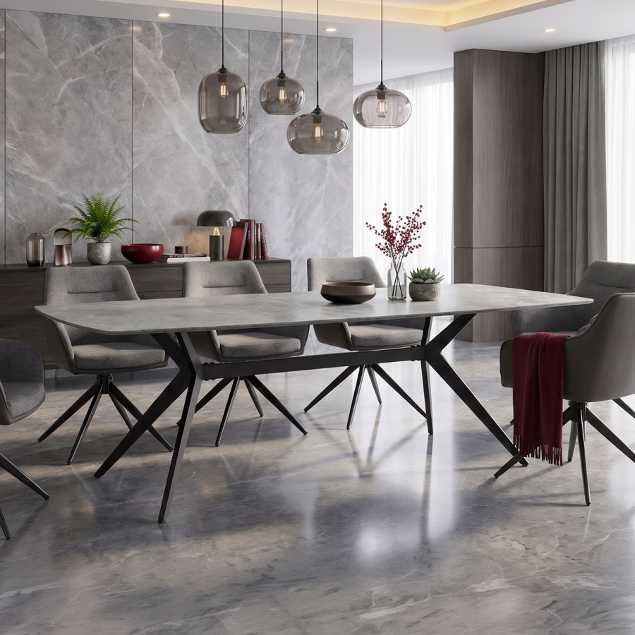 Τραπέζι Ezali pakoworld sintered stone γκρι όψη μαρμάρου με μαύρο μεταλλικό πόδι 180x90x75εκ