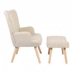 Armchair with footstool Gerlina pakoworld cream fabric and legs in natural color 71x64x94cm