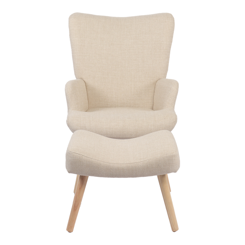 Armchair with footstool Gerlina pakoworld cream fabric and legs in natural color 71x64x94cm