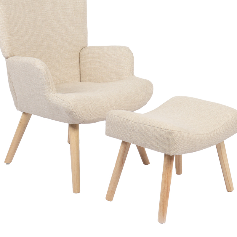 Armchair with footstool Gerlina pakoworld cream fabric and legs in natural color 71x64x94cm