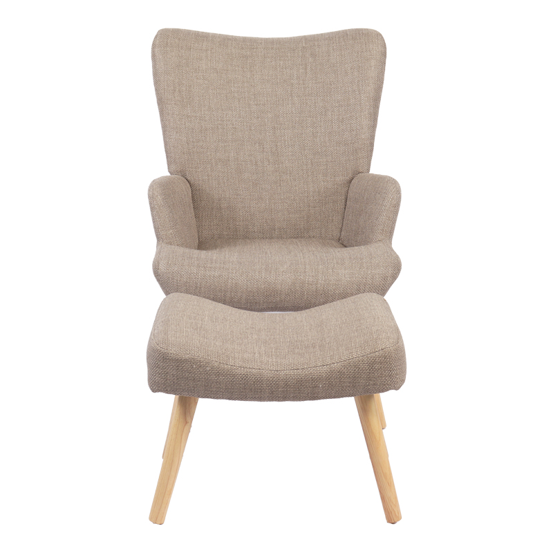 Armchair with footstool Gerlina pakoworld grey-beige fabric and legs in natural color 71x64x94cm