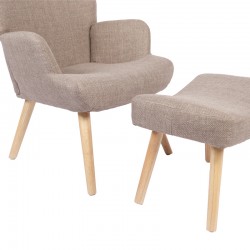 Armchair with footstool Gerlina pakoworld grey-beige fabric and legs in natural color 71x64x94cm