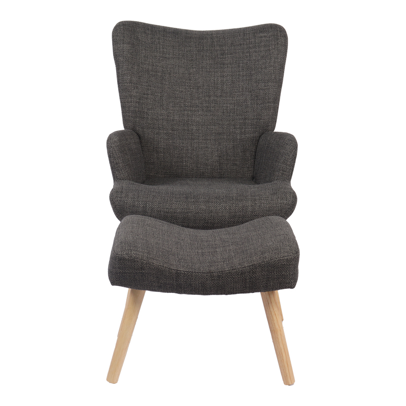 Armchair with footstool Gerlina pakoworld dark grey fabric and legs in natural color 71x64x94cm