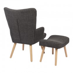 Armchair with footstool Gerlina pakoworld dark grey fabric and legs in natural color 71x64x94cm