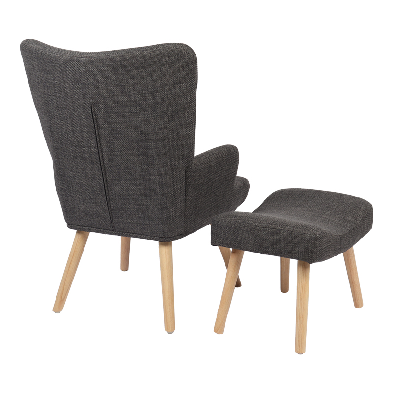 Armchair with footstool Gerlina pakoworld dark grey fabric and legs in natural color 71x64x94cm