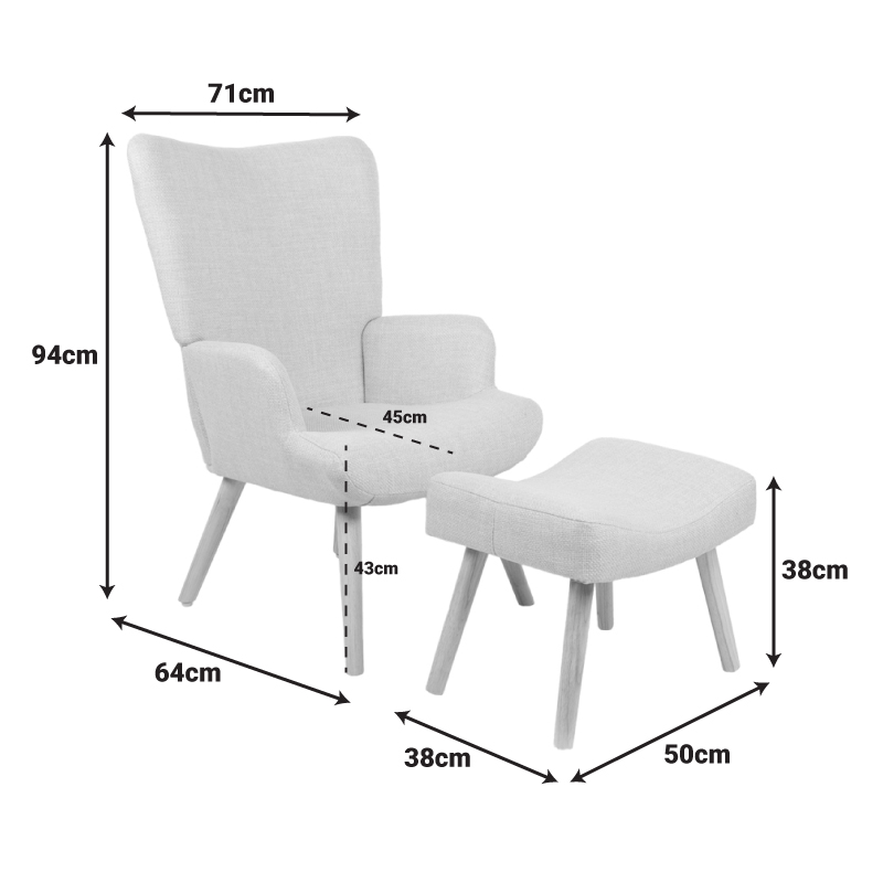 Armchair with footstool Gerlina pakoworld dark grey fabric and legs in natural color 71x64x94cm