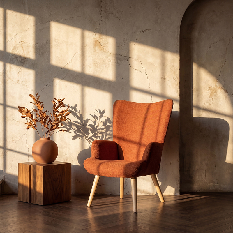 Armchair Gerlina pakoworld terracotta fabric and legs in natural color 71x64x94cm