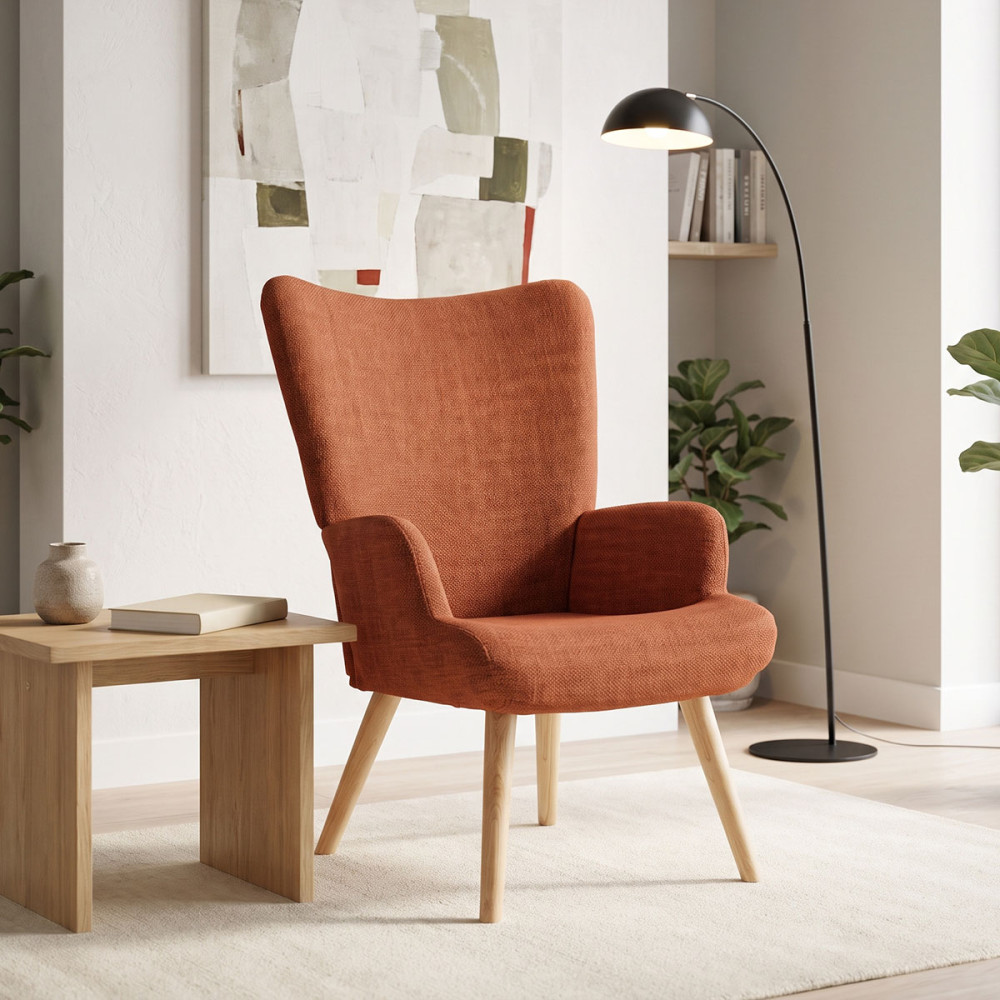Πολυθρόνα-μπερζέρα Gerlina pakoworld terracotta ύφασμα με πόδι σε φυσική απόχρωση 71x64x94εκ