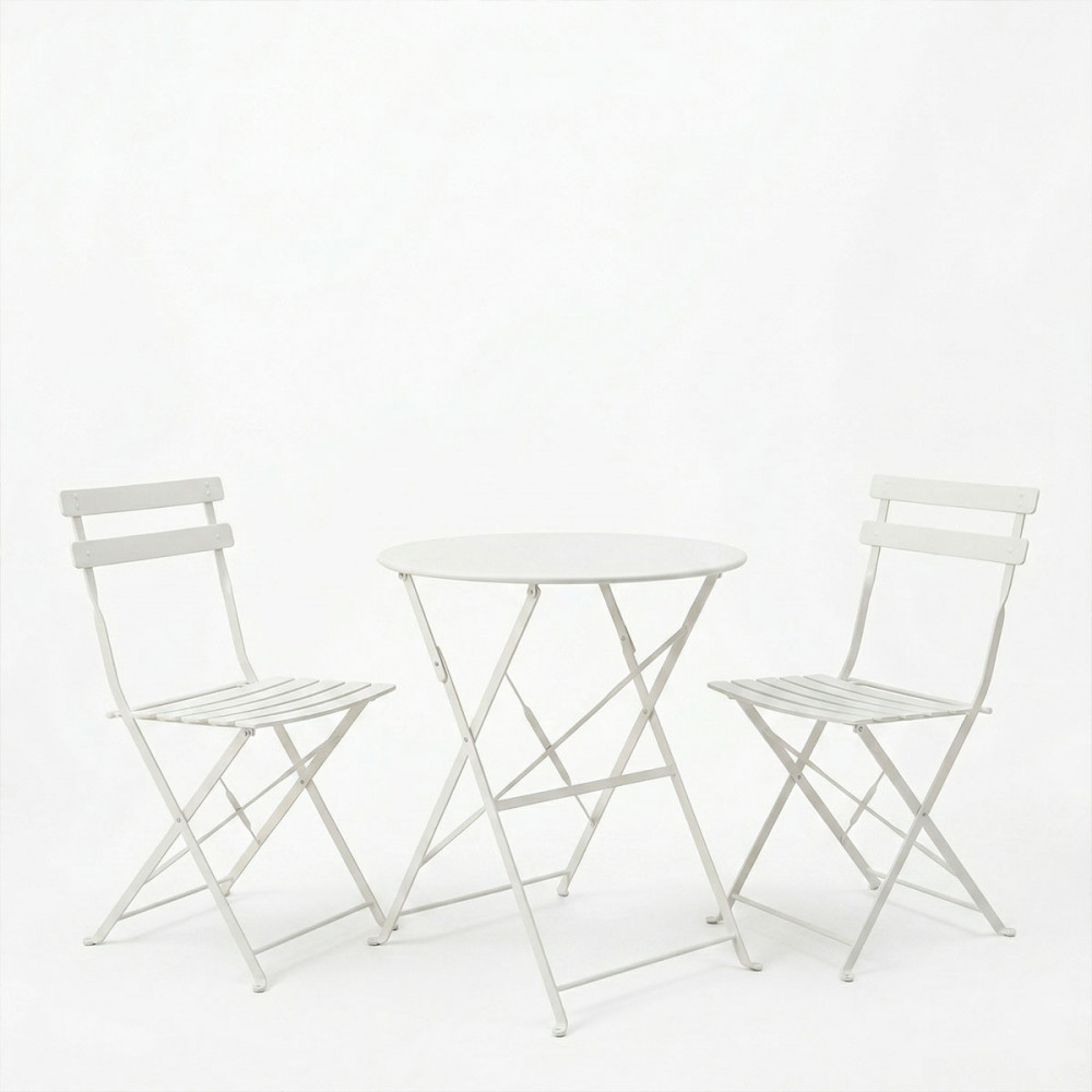Bistro dining table pakoworld set of 3 pieces, metal, foldable, white color, Φ60x71cm