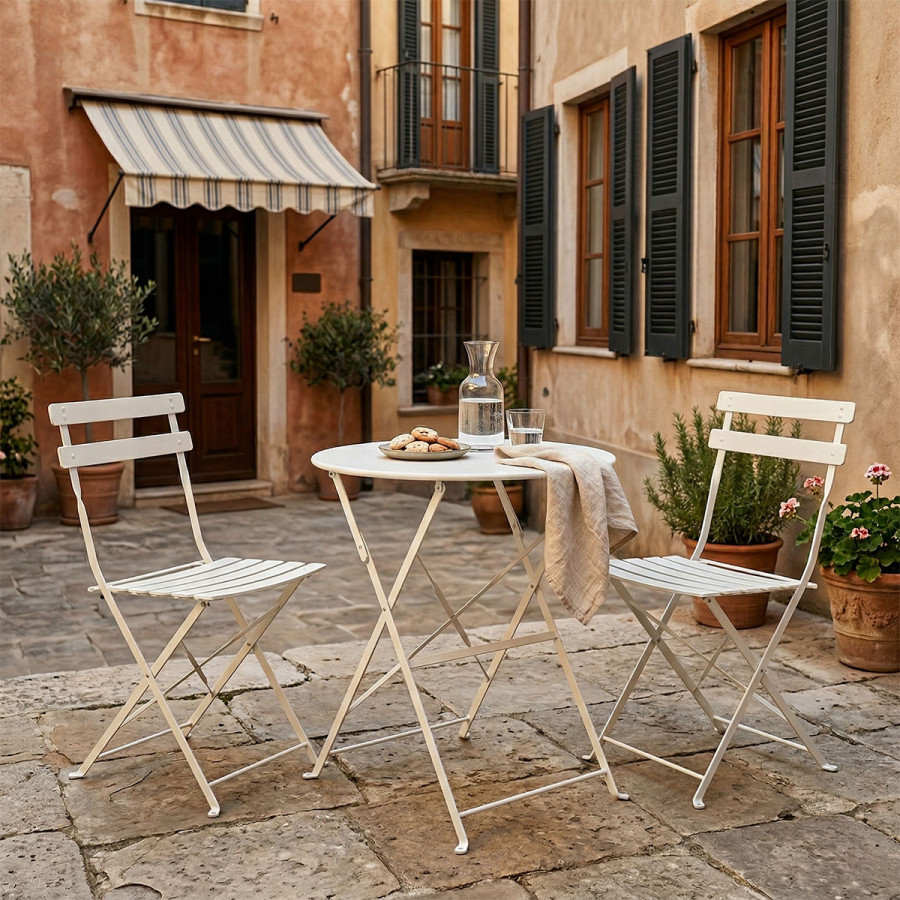 Bistro dining table pakoworld set of 3 pieces, metal, foldable, white color, Φ60x71cm
