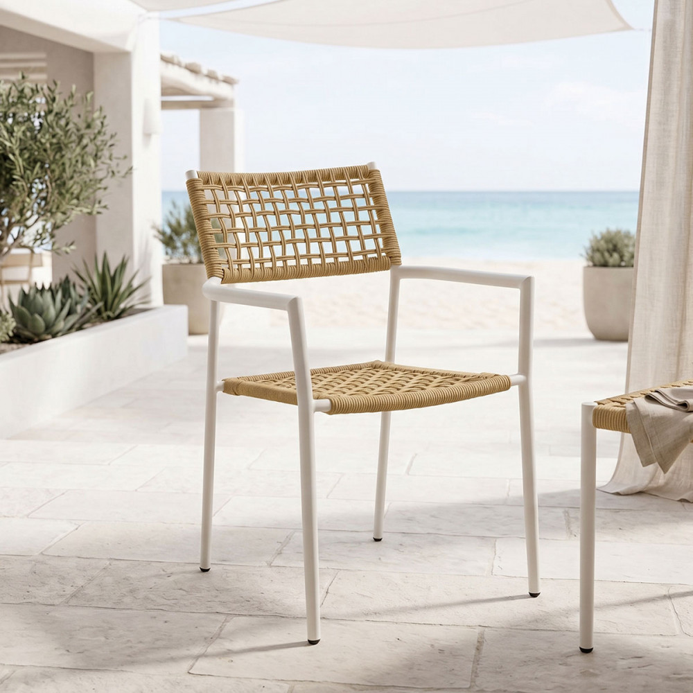 Castal pakoworld stackable armchair, steel in white -pe rope in natural shade 53x59x84cm
