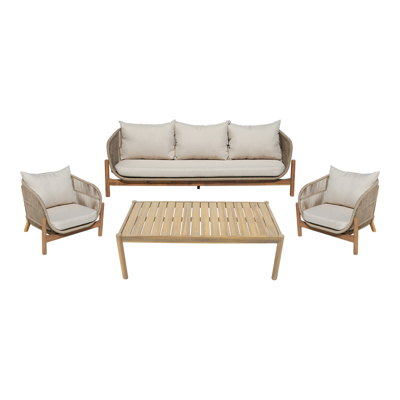 Σαλόνι εξωτερικού χώρου Verilan pakoworld μασίφ ξύλο ακακίας με σχοινί και μπεζ μαξιλάρια