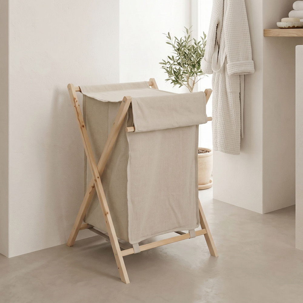 Laundry rack Lonerte pakoworld fir wood-fabric in natural-beige color 43.5x41x64cm
