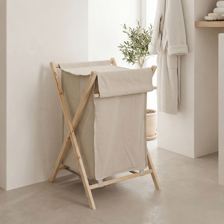 Laundry rack Lonerte pakoworld fir wood-fabric in natural-beige color 43.5x41x64cm
