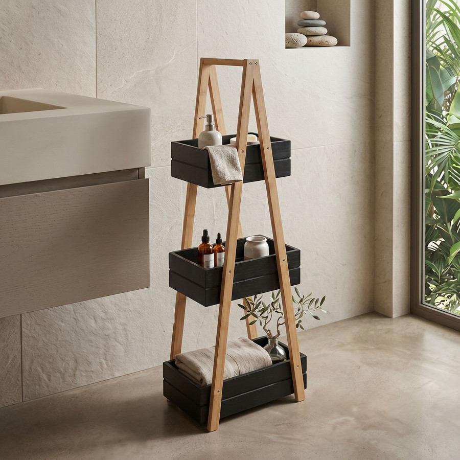 Floor shelf Tercy pakoworld bamboo in black-natural color 30x18x80cm