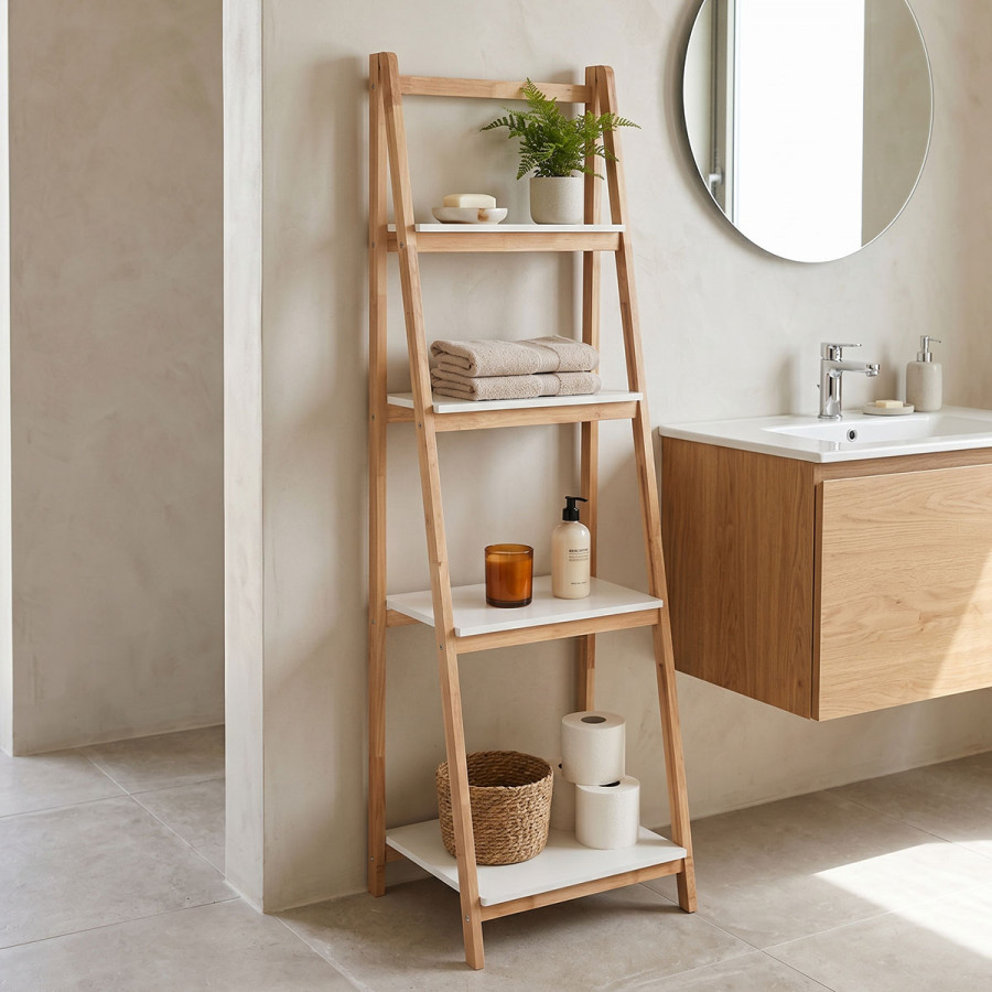 Foldable floor shelf Benwen pakoworld rubberwood-mdf in white-natural color 42x34.5x140cm