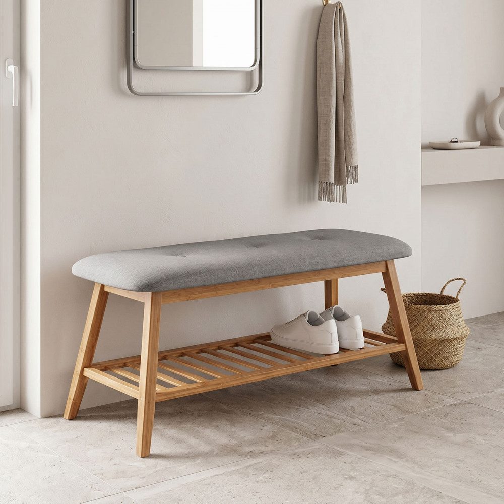 Shoe rack-Stool for 4 pairs of shoes Zerma pakoworld bamboo-fabric in natural-grey color 100x30.5x44cm