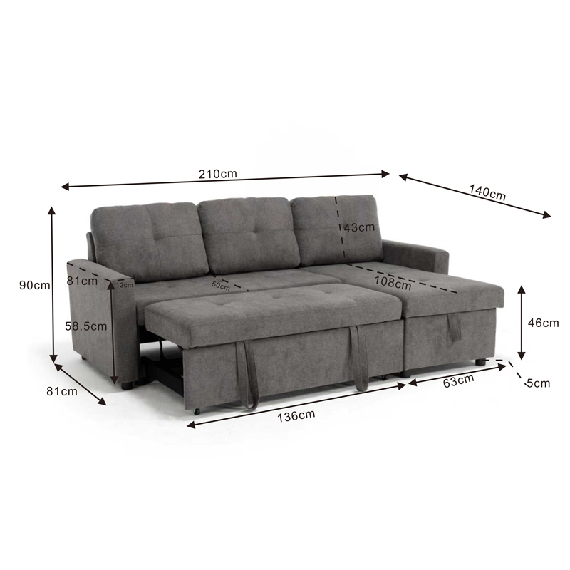 Corner reversible sofa bed Napora pakoworld with storage space anthracite fabric 214x83/138x90cm