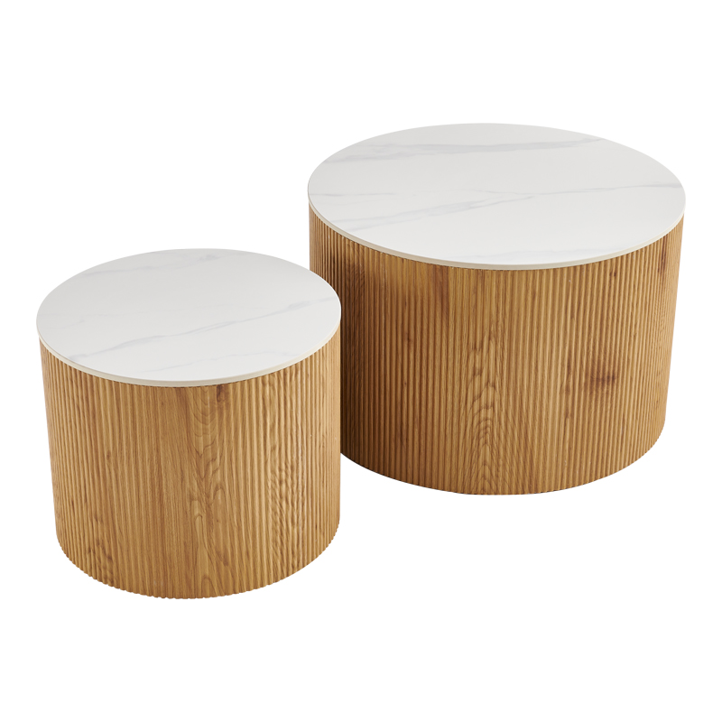 Τραπέζια σαλονιού Nelba pakoworld 2τμχ mdf oak - κεραμική επιφάνεια όψη μαρμάρου