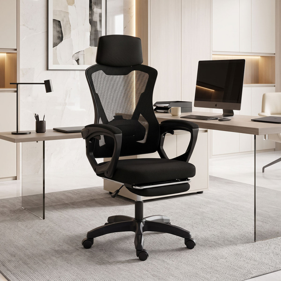 Manager's office chair with footrest Meton pakoworld mesh black color 48x60x118-128cm