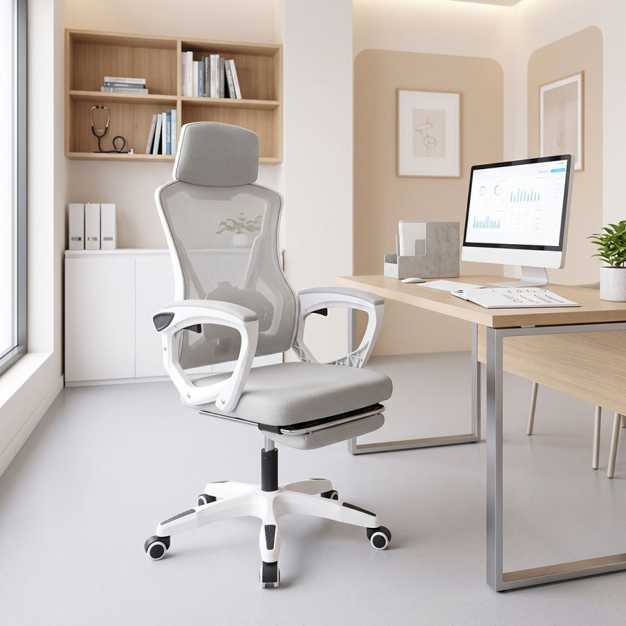 Manager's office chair with footrest Meton pakoworld white - mesh grey 48x60x118-128cm