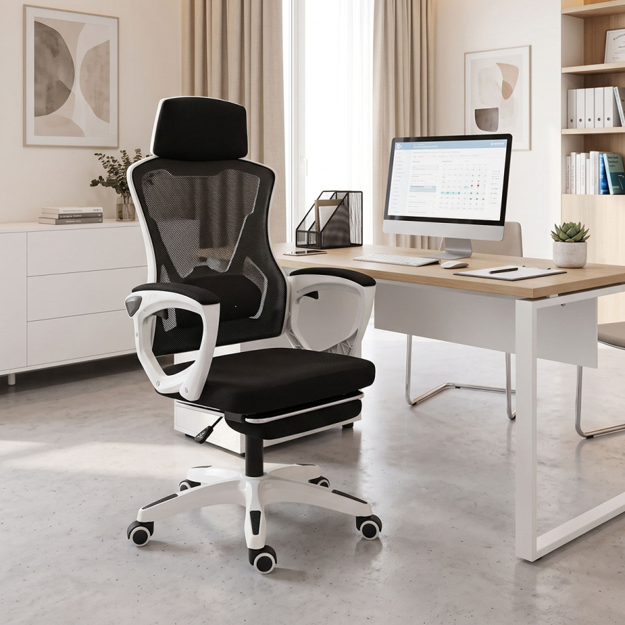 Manager's office chair with footrest Meton pakoworld white - mesh black 48x60x118-128cm