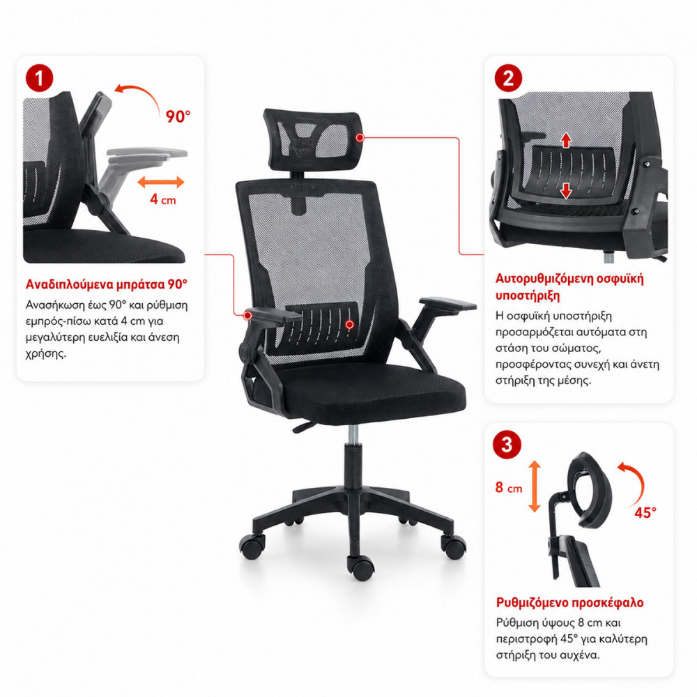 Plymot pakoworld mesh office chair, black color, 48x58x112-122cm