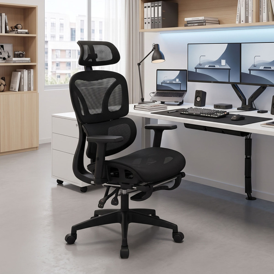 Manager's office chair with footrest Corus pakoworld mesh black 62x69x125-135cm